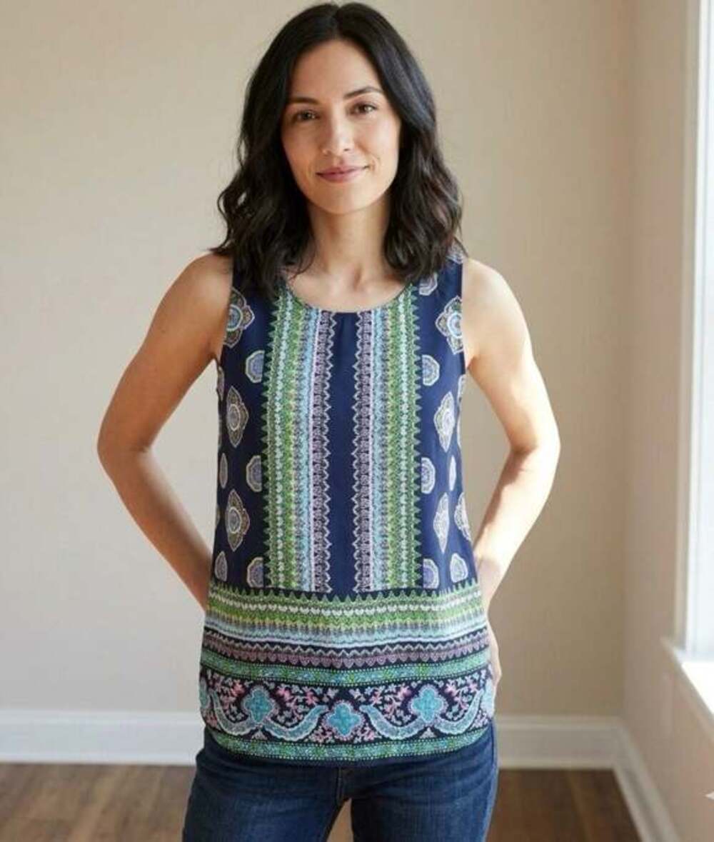 CYNTHIA ROWEY Elegant Open Back Tribal Print Summer Tank Blouse Sz M